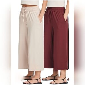 2 Pair Wide-Leg Pull-On Capri Pants Beige & Burgundy Size M Soft Stretch 3373-